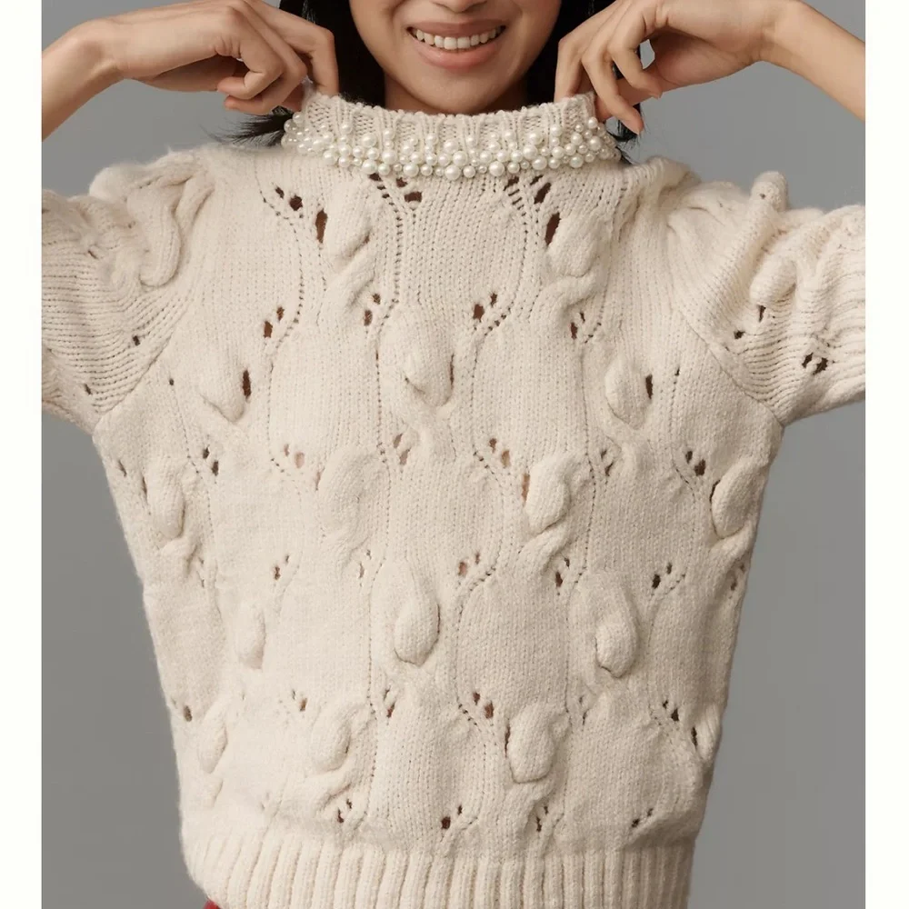 Maeve Pearl Necklace Cable Sweater Tee - Picture 2 of 2